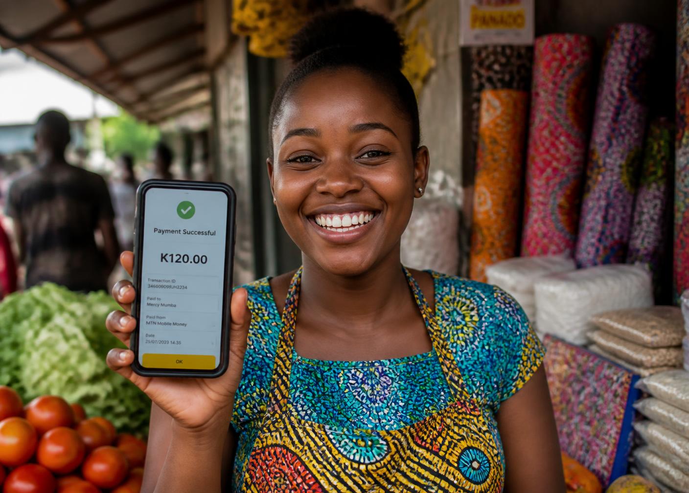 Zambian market entrepreneur using her mobile phone to receive a LendFlow loan